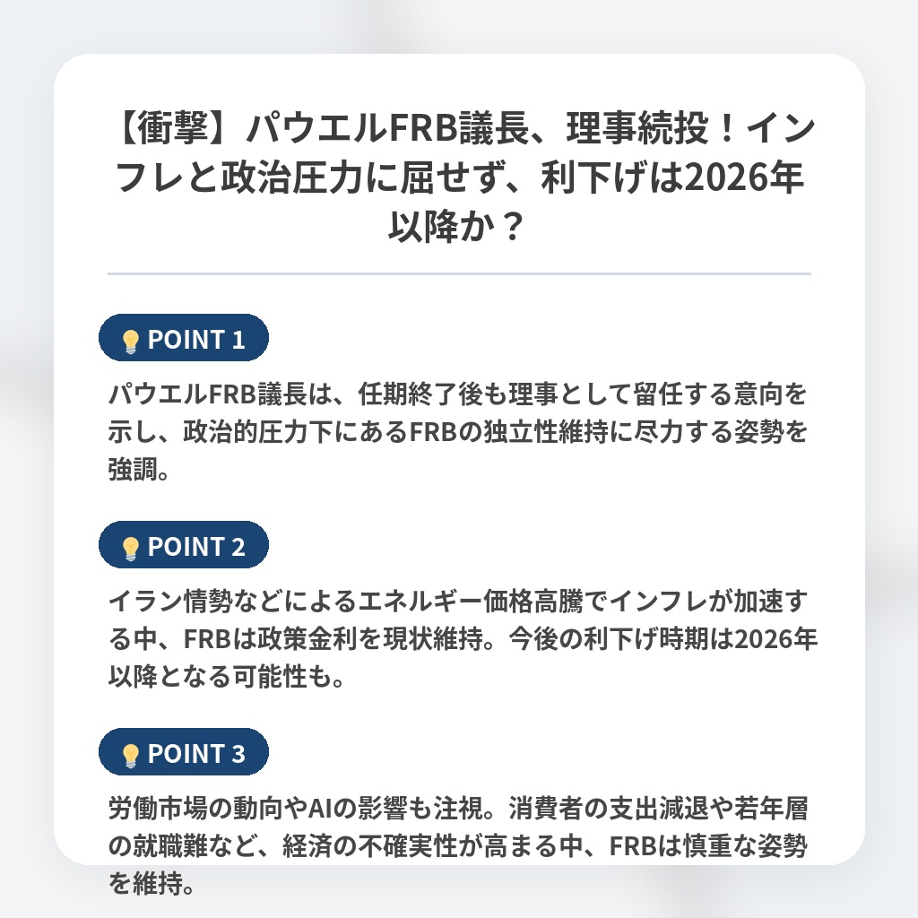 【衝撃】パウエルFRB議長、理事続投！インフレと政治圧力に屈せず、利下げは2026年以降か？の注目ポイントまとめ