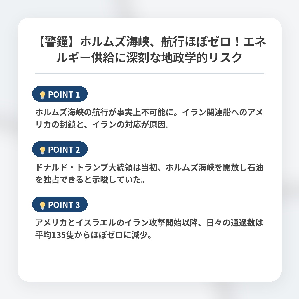【警鐘】ホルムズ海峡、航行ほぼゼロ！エネルギー供給に深刻な地政学的リスクの注目ポイントまとめ