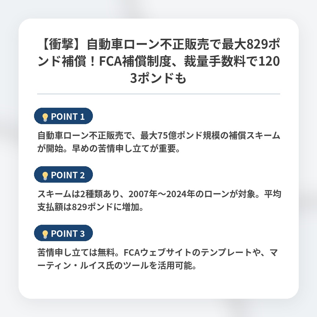 【衝撃】自動車ローン不正販売で最大829ポンド補償!FCA補償制度、裁量手数料で1203ポンドもの注目ポイントまとめ