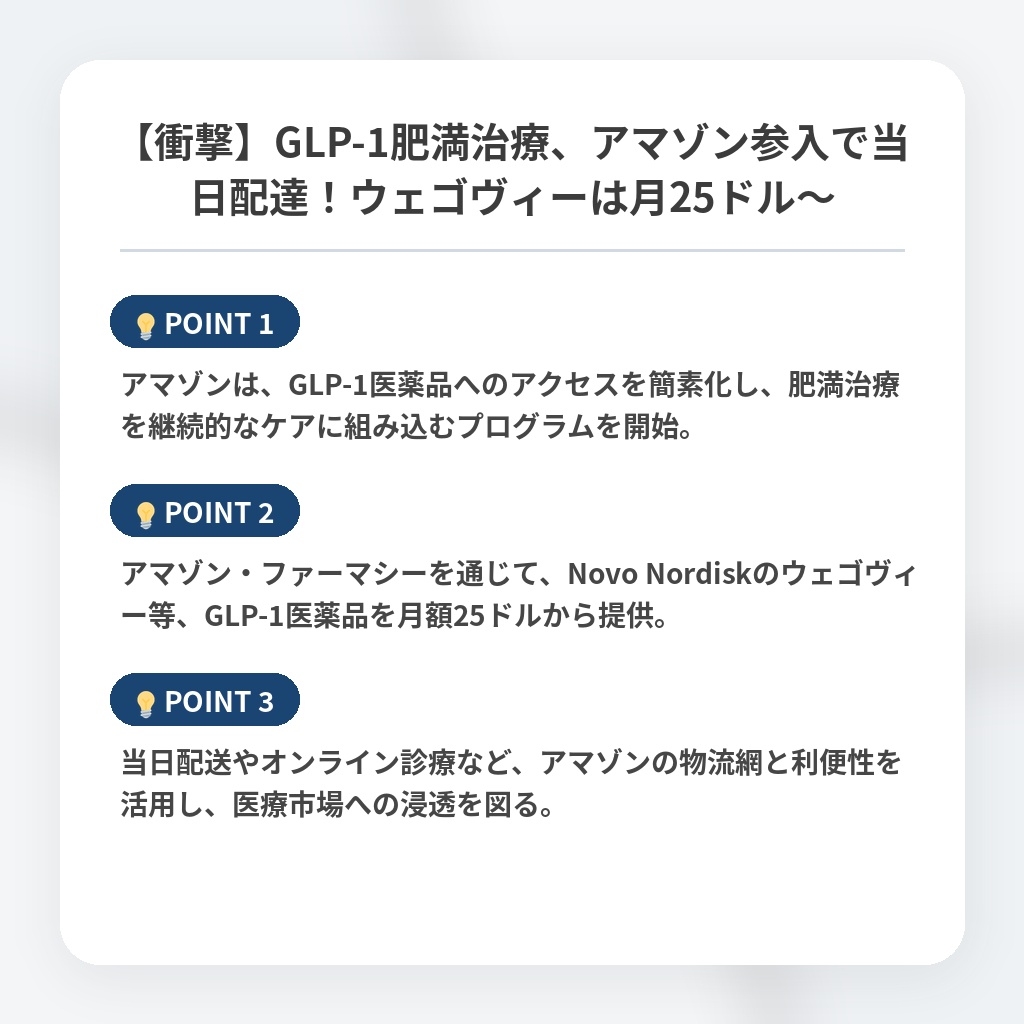 【衝撃】GLP-1肥満治療、アマゾン参入で当日配達！ウェゴヴィーは月25ドル〜の注目ポイントまとめ