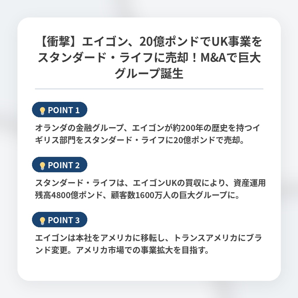 【衝撃】エイゴン、20億ポンドでUK事業をスタンダード・ライフに売却！M&Aで巨大グループ誕生の注目ポイントまとめ