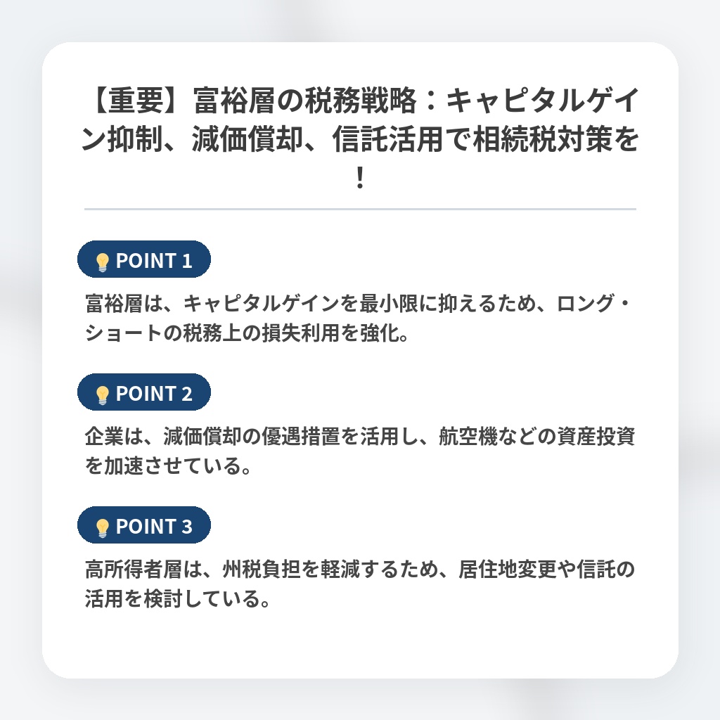 【重要】富裕層の税務戦略：キャピタルゲイン抑制、減価償却、信託活用で相続税対策を！の注目ポイントまとめ