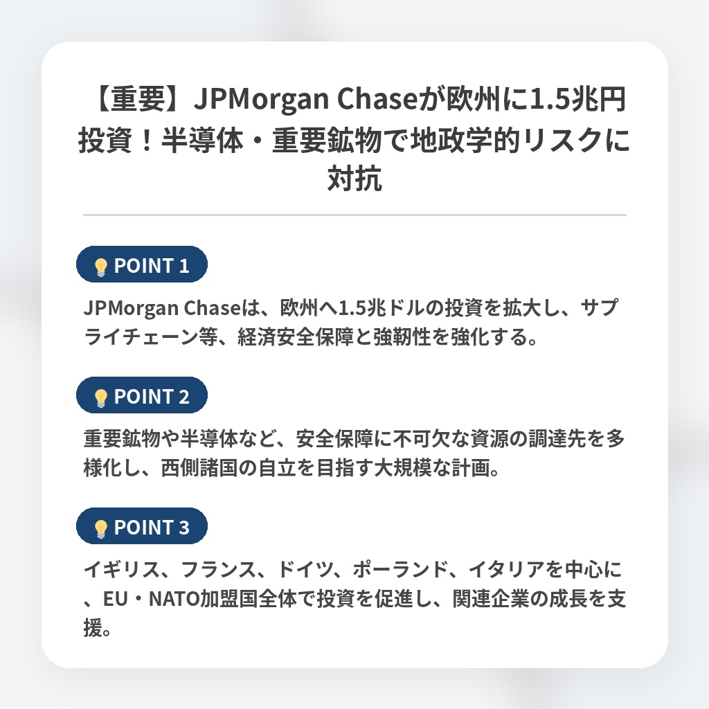 【重要】JPMorgan Chaseが欧州に1.5兆円投資！半導体・重要鉱物で地政学的リスクに対抗の注目ポイントまとめ