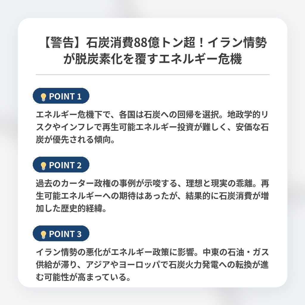 【警告】石炭消費88億トン超！イラン情勢が脱炭素化を覆すエネルギー危機の注目ポイントまとめ