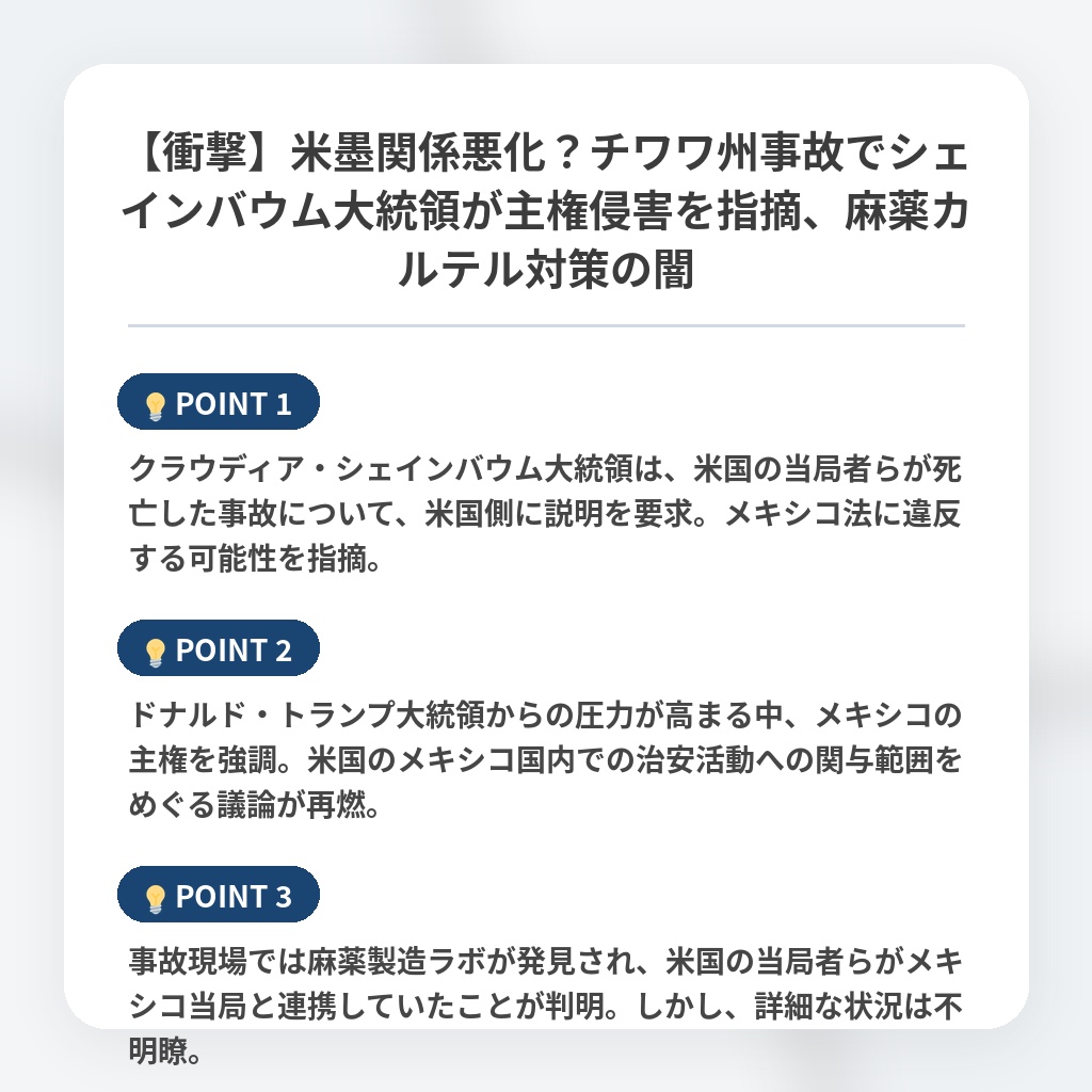 【衝撃】米墨関係悪化？チワワ州事故でシェインバウム大統領が主権侵害を指摘、麻薬カルテル対策の闇の注目ポイントまとめ