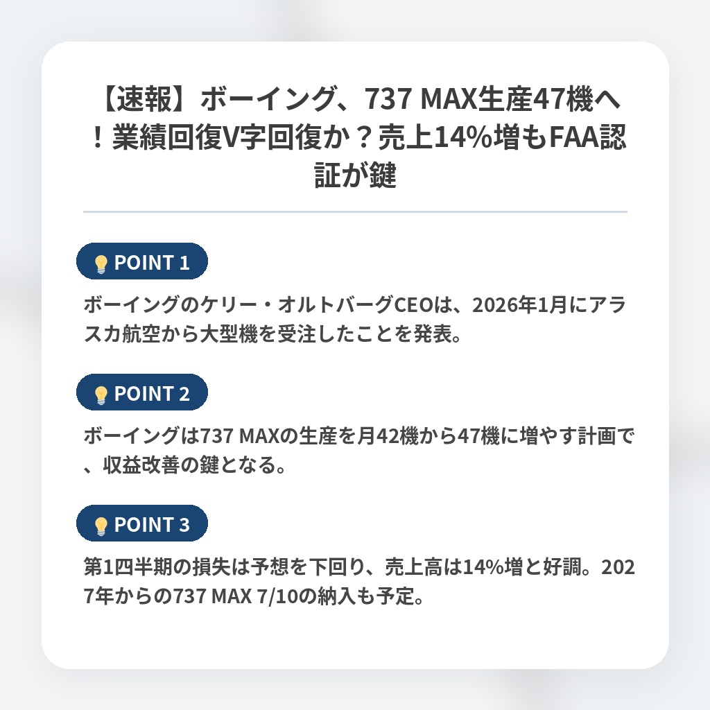 【速報】ボーイング、737 MAX生産47機へ！業績回復V字回復か？売上14%増もFAA認証が鍵の注目ポイントまとめ