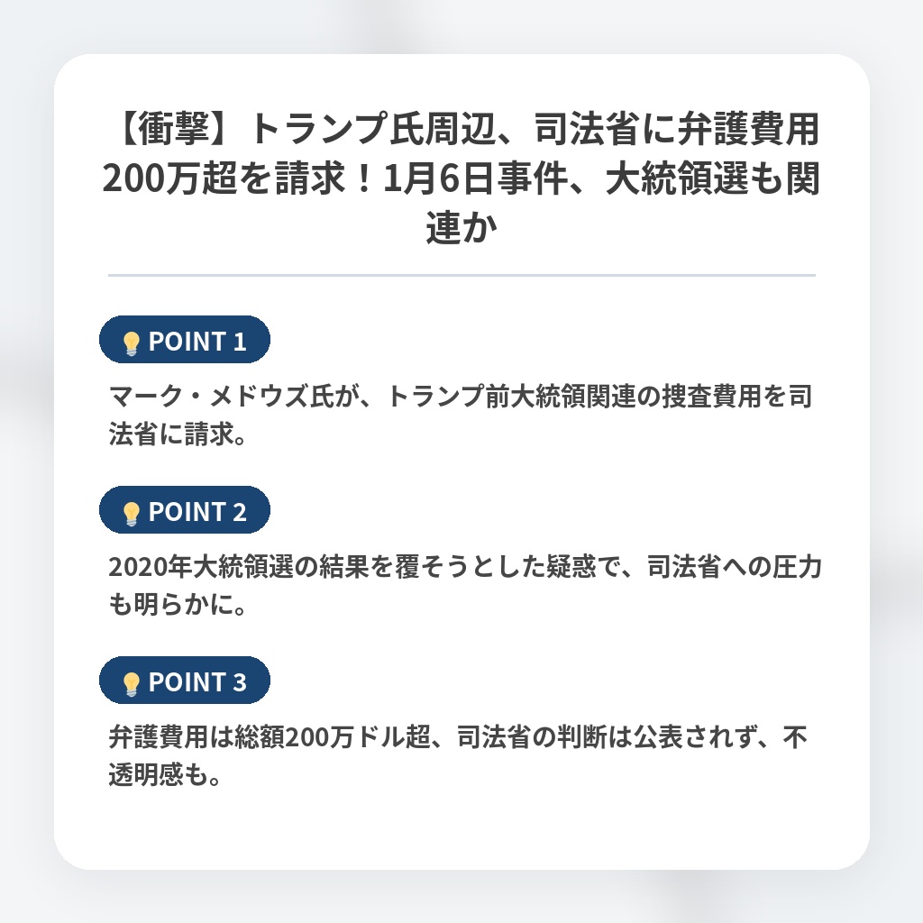 【衝撃】トランプ氏周辺、司法省に弁護費用200万超を請求!1月6日事件、大統領選も関連かの注目ポイントまとめ