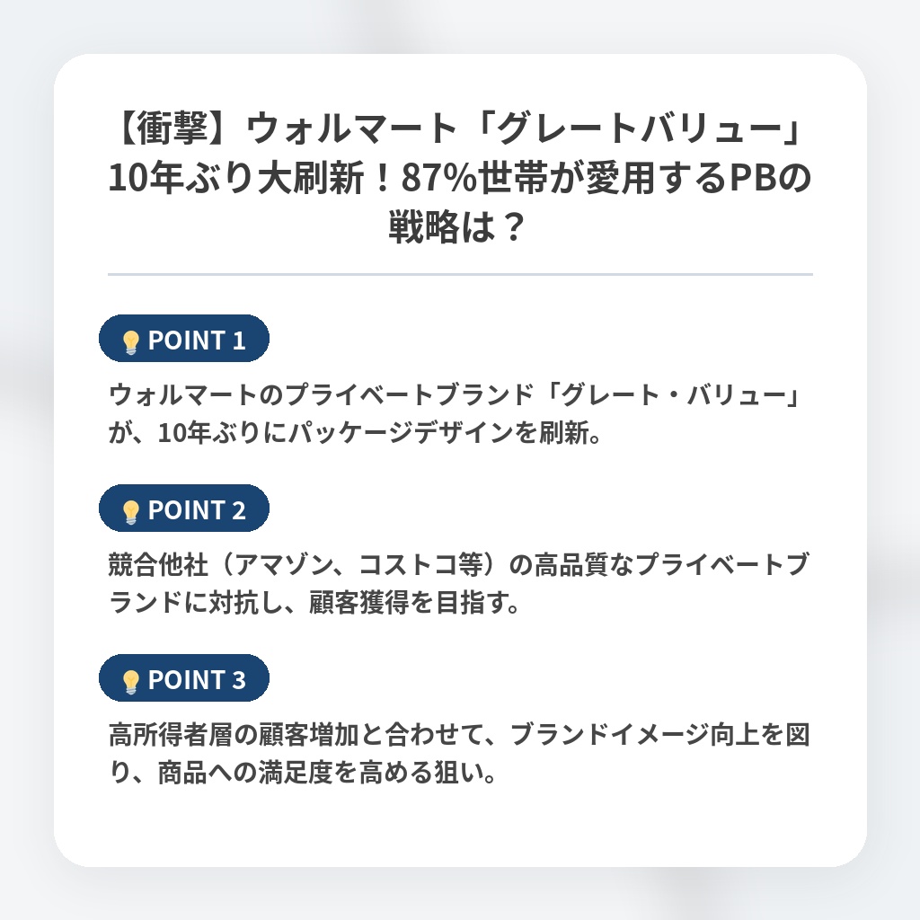 【衝撃】ウォルマート「グレートバリュー」10年ぶり大刷新!87%世帯が愛用するPBの戦略は?の注目ポイントまとめ