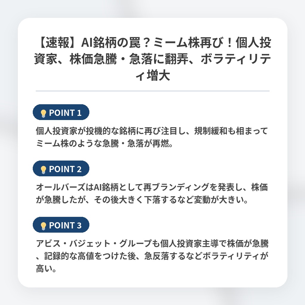 【速報】AI銘柄の罠？ミーム株再び！個人投資家、株価急騰・急落に翻弄、ボラティリティ増大の注目ポイントまとめ