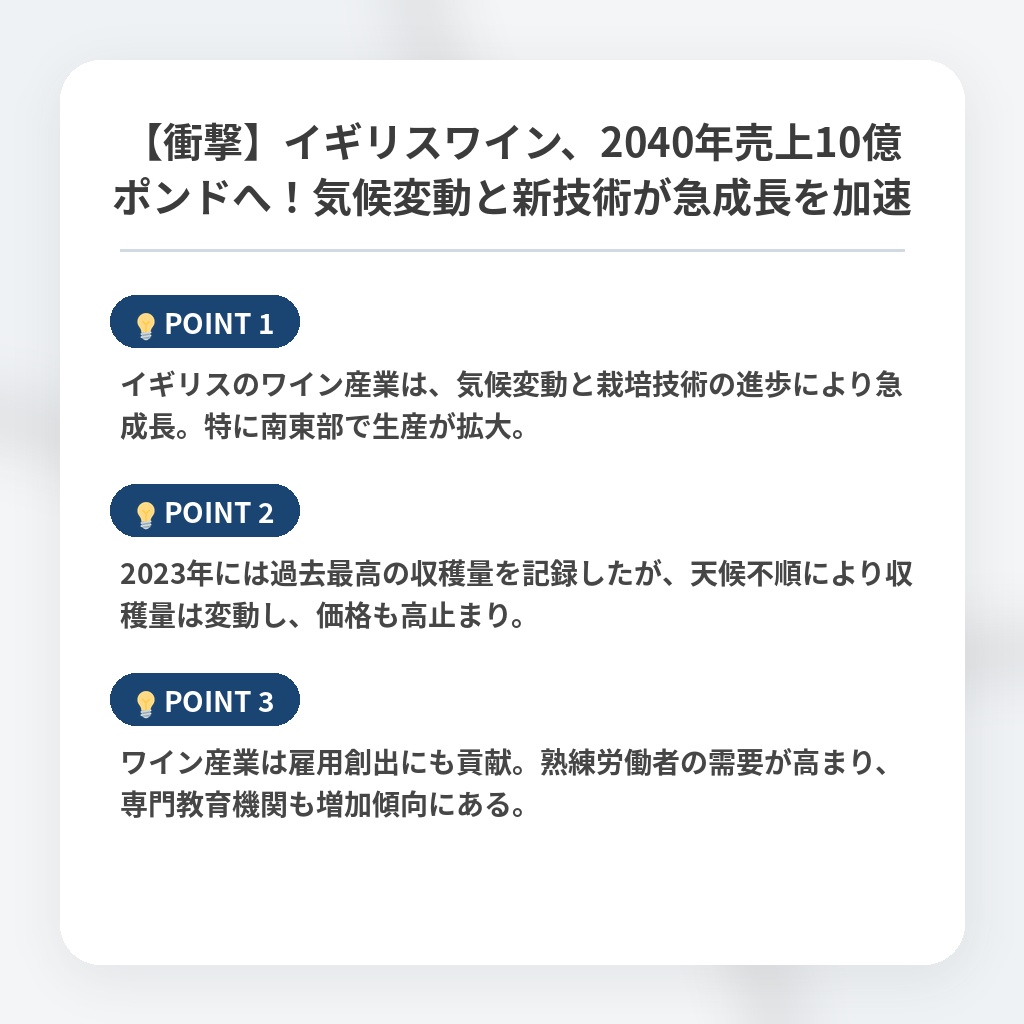 【衝撃】イギリスワイン、2040年売上10億ポンドへ！気候変動と新技術が急成長を加速の注目ポイントまとめ