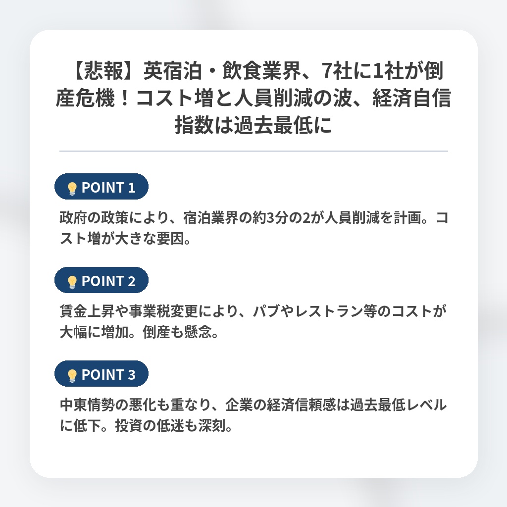 【悲報】英宿泊・飲食業界、7社に1社が倒産危機！コスト増と人員削減の波、経済自信指数は過去最低にの注目ポイントまとめ