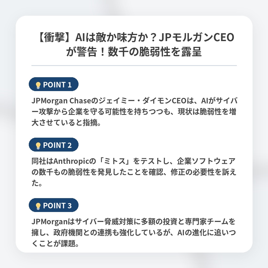 【衝撃】AIは敵か味方か?JPモルガンCEOが警告!数千の脆弱性を露呈の注目ポイントまとめ