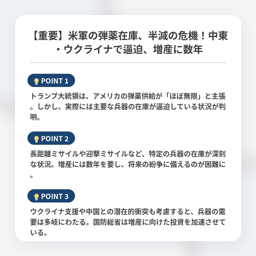 【重要】米軍の弾薬在庫、半減の危機！中東・ウクライナで逼迫、増産に数年の注目ポイントまとめ