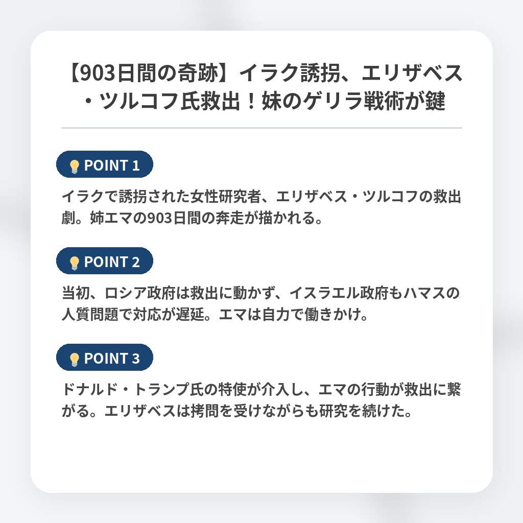 【903日間の奇跡】イラク誘拐、エリザベス・ツルコフ氏救出!妹のゲリラ戦術が鍵の注目ポイントまとめ
