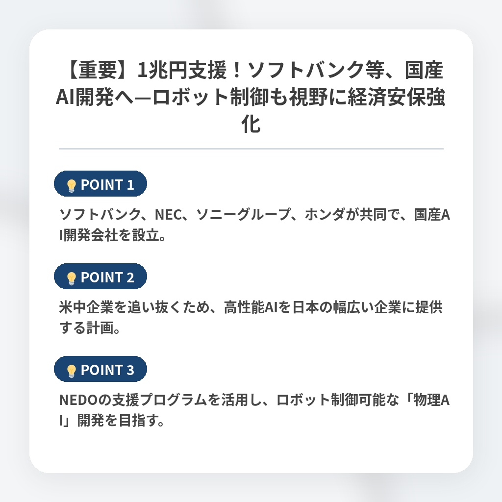 【重要】1兆円支援！ソフトバンク等、国産AI開発へ—ロボット制御も視野に経済安保強化の注目ポイントまとめ