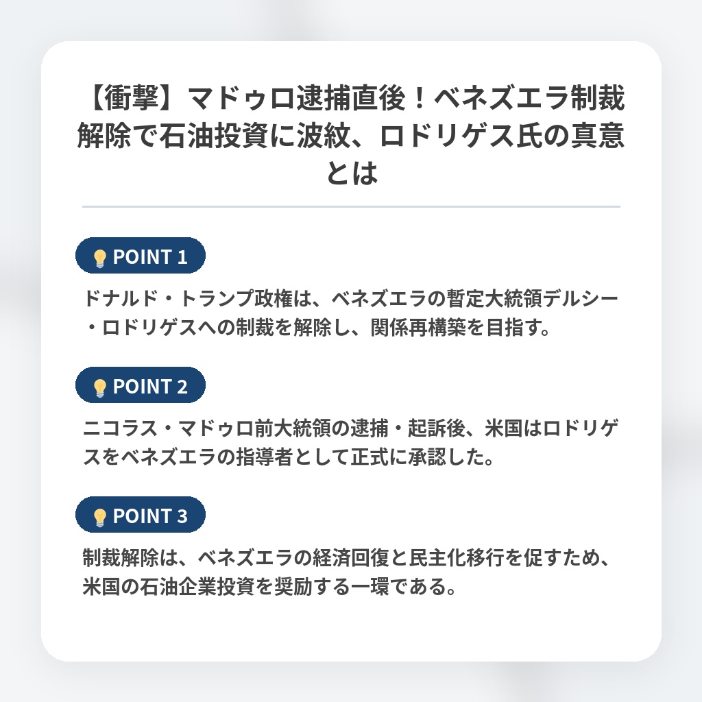 【衝撃】マドゥロ逮捕直後！ベネズエラ制裁解除で石油投資に波紋、ロドリゲス氏の真意とはの注目ポイントまとめ