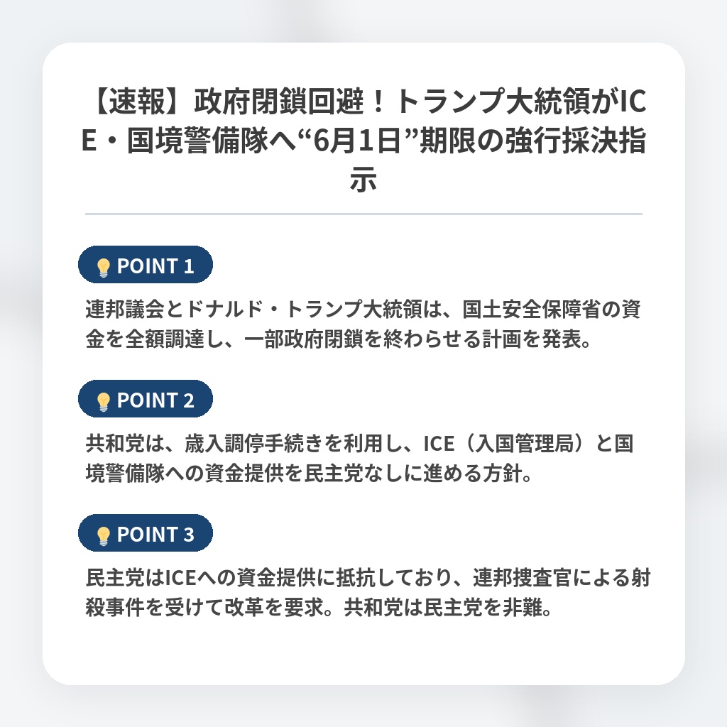 【速報】政府閉鎖回避！トランプ大統領がICE・国境警備隊へ“6月1日”期限の強行採決指示の注目ポイントまとめ