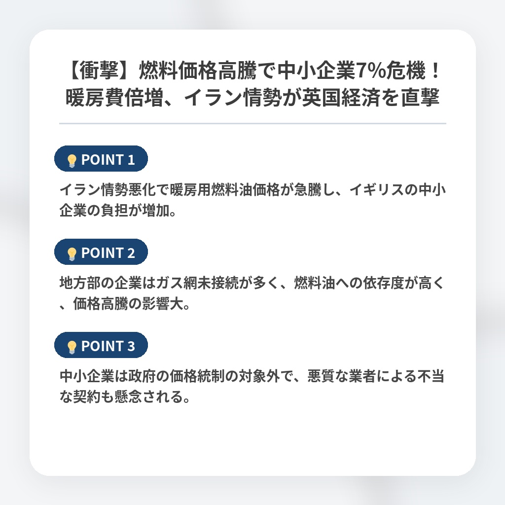 【衝撃】燃料価格高騰で中小企業7%危機！暖房費倍増、イラン情勢が英国経済を直撃の注目ポイントまとめ