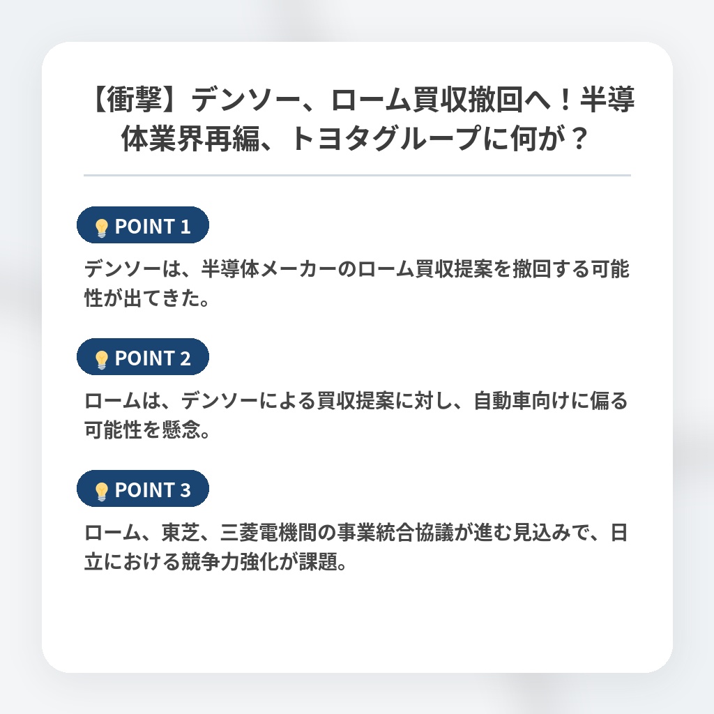 【衝撃】デンソー、ローム買収撤回へ！半導体業界再編、トヨタグループに何が？の注目ポイントまとめ