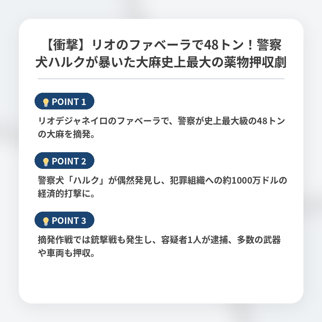 【衝撃】リオのファベーラで48トン!警察犬ハルクが暴いた大麻史上最大の薬物押収劇の注目ポイントまとめ