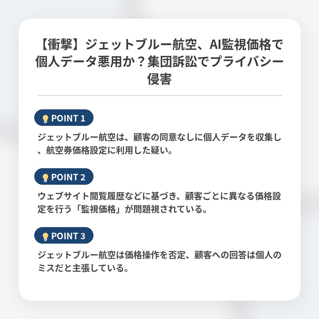 【衝撃】ジェットブルー航空、AI監視価格で個人データ悪用か？集団訴訟でプライバシー侵害の注目ポイントまとめ