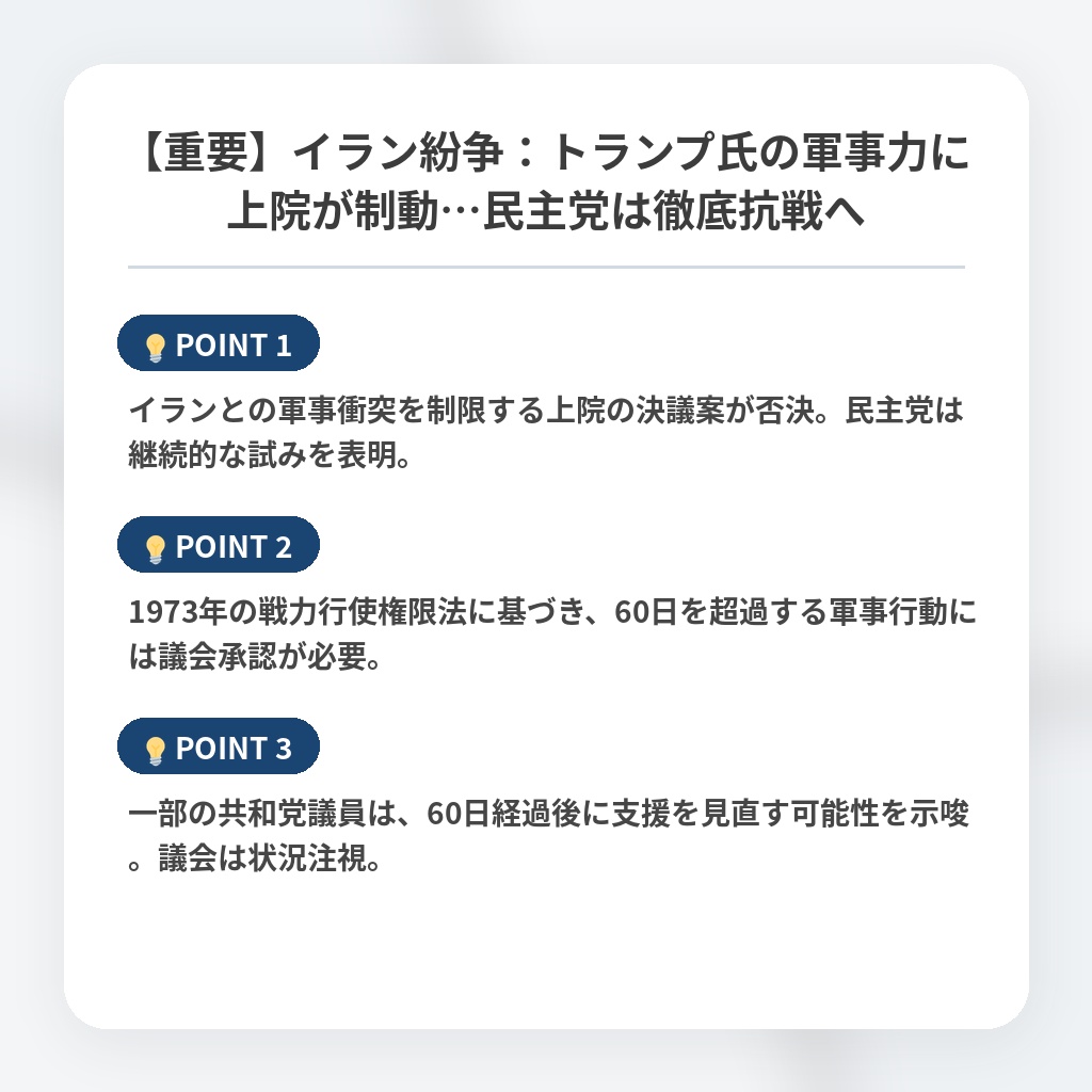【重要】イラン紛争：トランプ氏の軍事力に上院が制動…民主党は徹底抗戦への注目ポイントまとめ