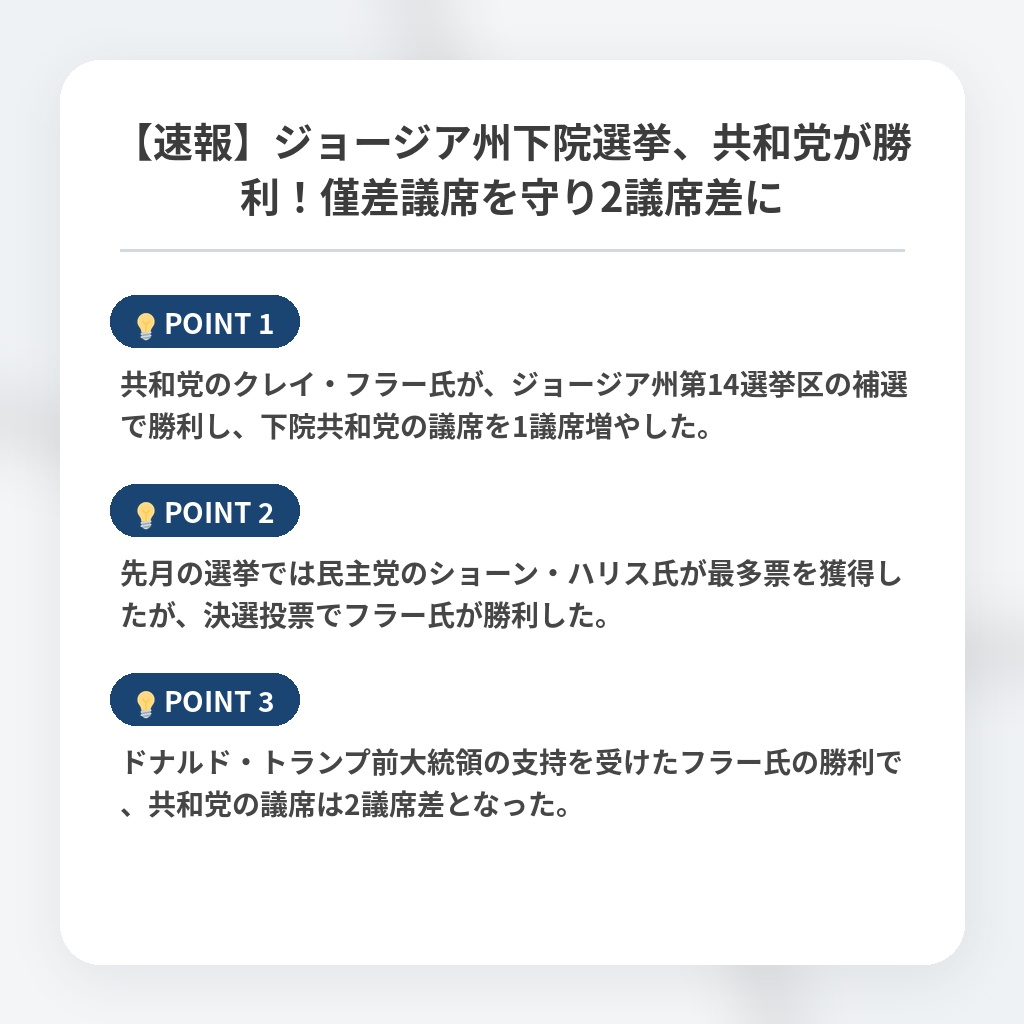 【速報】ジョージア州下院選挙、共和党が勝利！僅差議席を守り2議席差にの注目ポイントまとめ