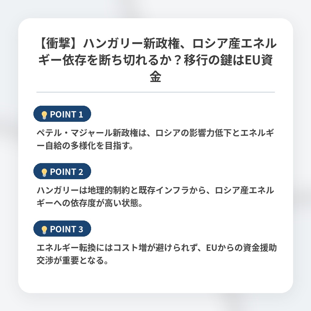 【衝撃】ハンガリー新政権、ロシア産エネルギー依存を断ち切れるか？移行の鍵はEU資金の注目ポイントまとめ