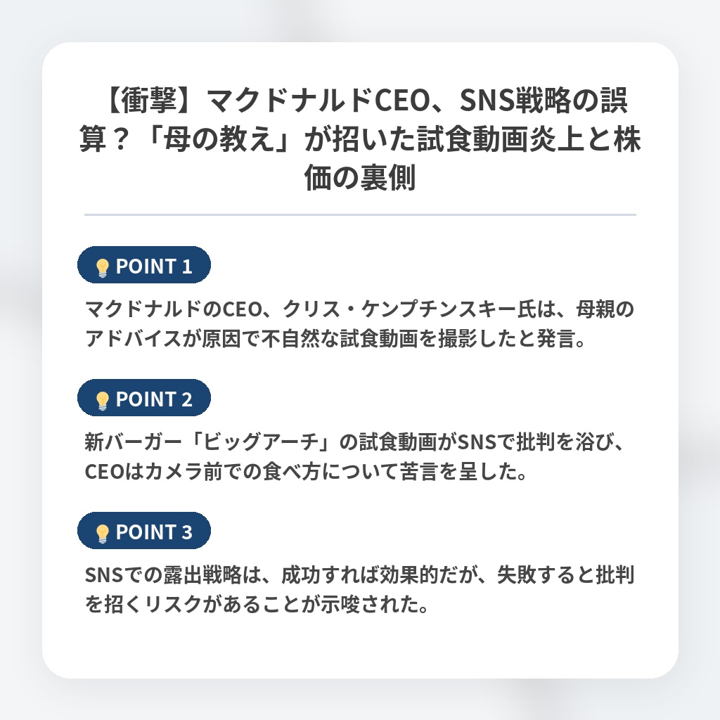 【衝撃】マクドナルドCEO、SNS戦略の誤算?「母の教え」が招いた試食動画炎上と株価の裏側の注目ポイントまとめ