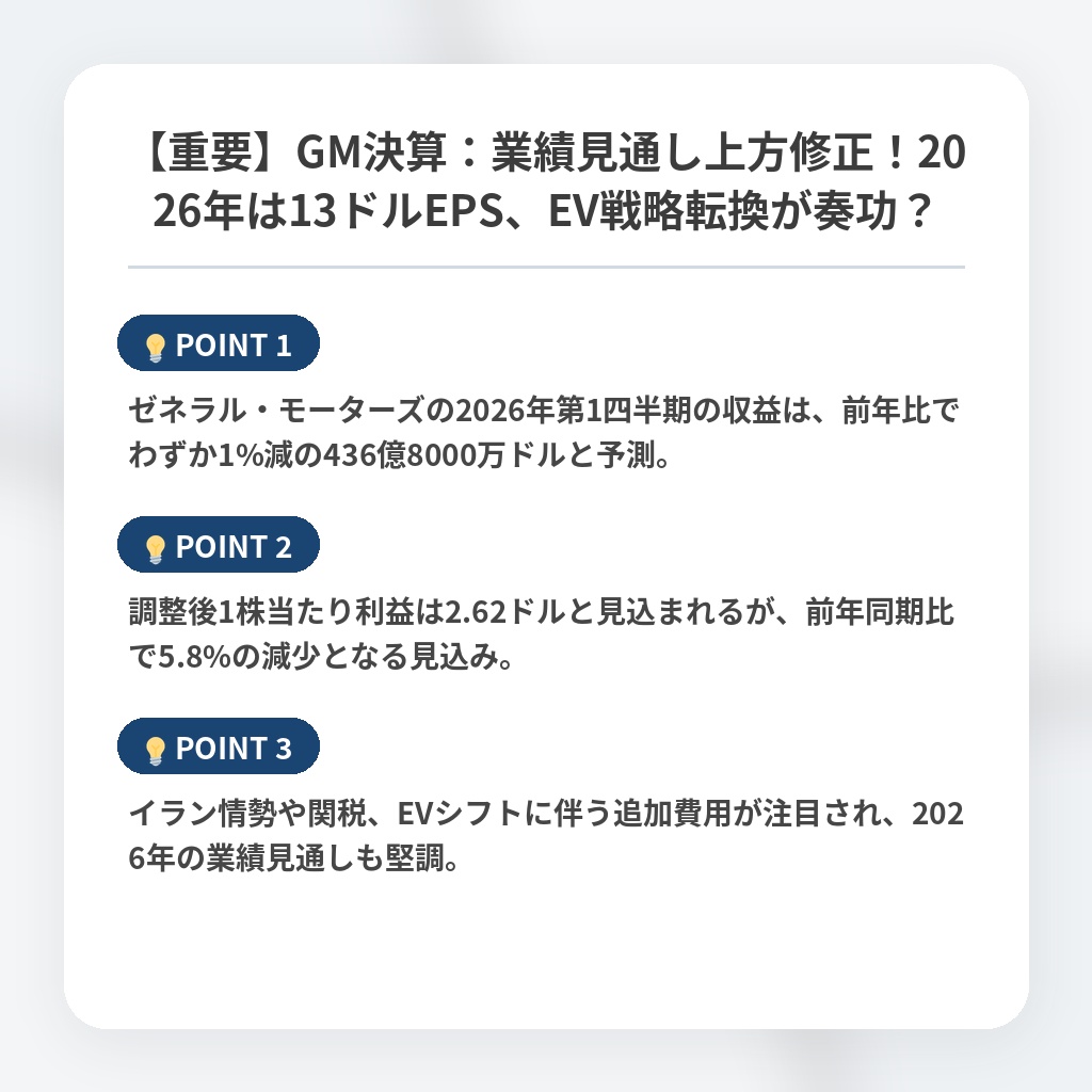 【重要】GM決算：業績見通し上方修正！2026年は13ドルEPS、EV戦略転換が奏功？の注目ポイントまとめ