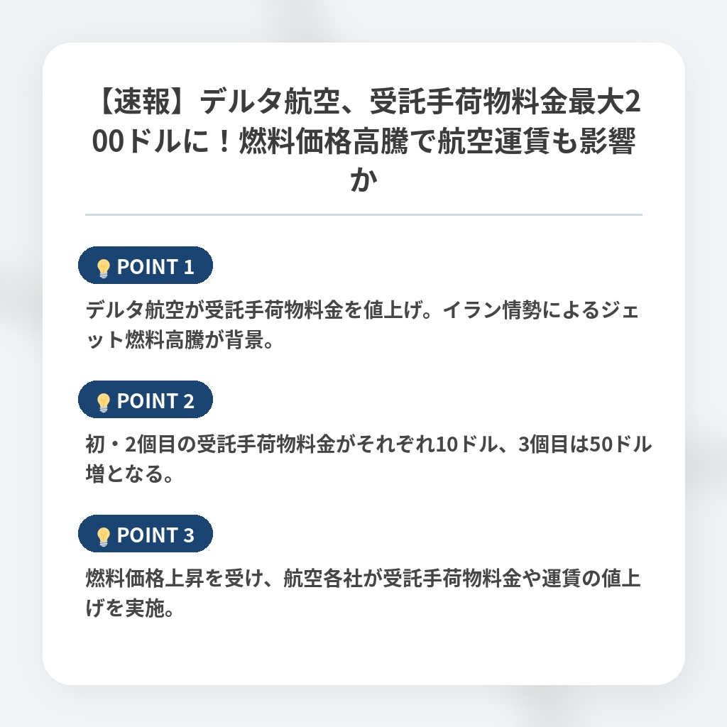 【速報】デルタ航空、受託手荷物料金最大200ドルに！燃料価格高騰で航空運賃も影響かの注目ポイントまとめ