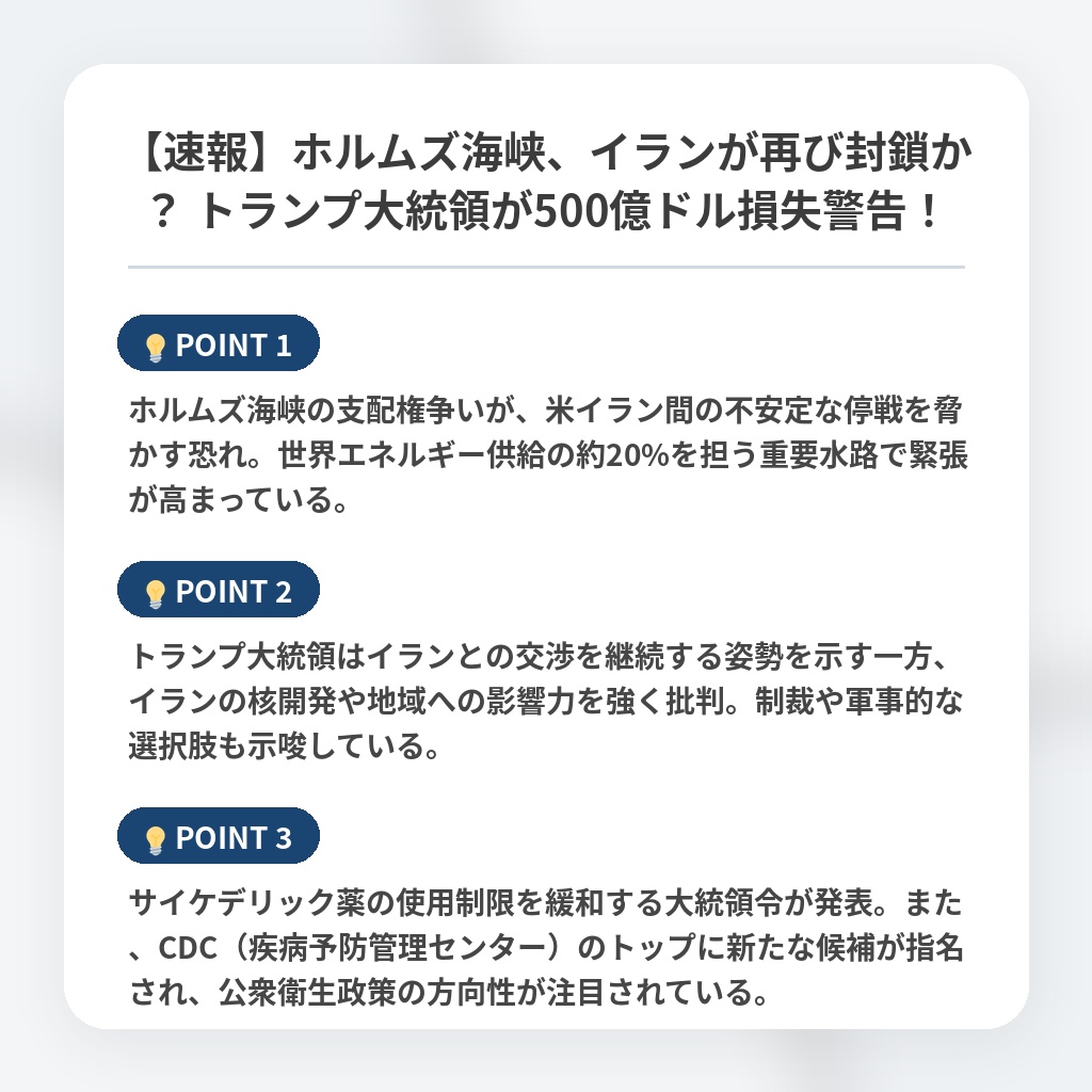【速報】ホルムズ海峡、イランが再び封鎖か？ トランプ大統領が500億ドル損失警告！の注目ポイントまとめ