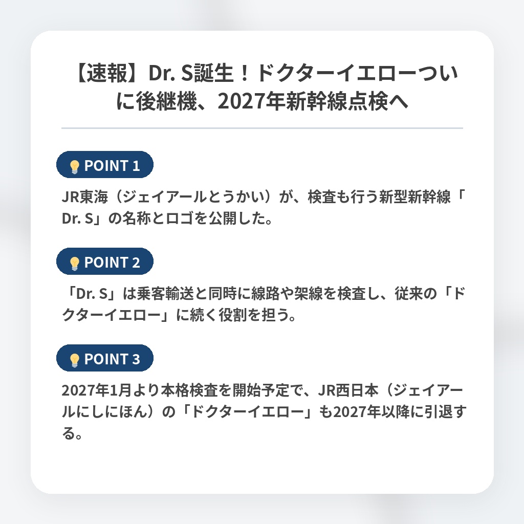 【速報】Dr. S誕生！ドクターイエローついに後継機、2027年新幹線点検への注目ポイントまとめ