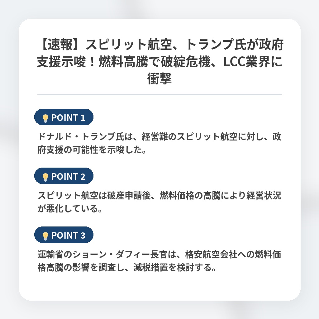 【速報】スピリット航空、トランプ氏が政府支援示唆！燃料高騰で破綻危機、LCC業界に衝撃の注目ポイントまとめ