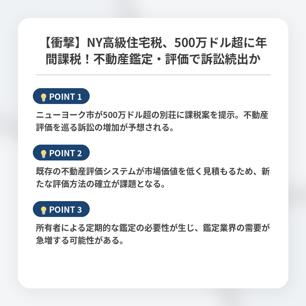 【衝撃】NY高級住宅税、500万ドル超に年間課税！不動産鑑定・評価で訴訟続出かの注目ポイントまとめ