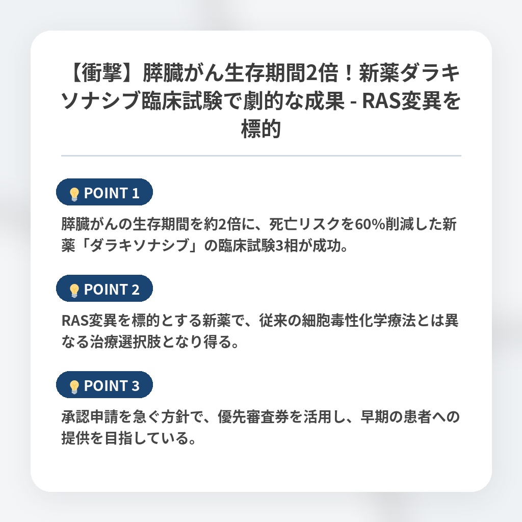 【衝撃】膵臓がん生存期間2倍！新薬ダラキソナシブ臨床試験で劇的な成果 - RAS変異を標的の注目ポイントまとめ