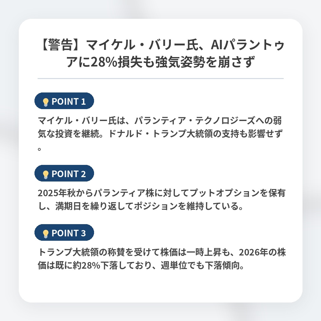 【警告】マイケル・バリー氏、AIパラントゥアに28%損失も強気姿勢を崩さずの注目ポイントまとめ