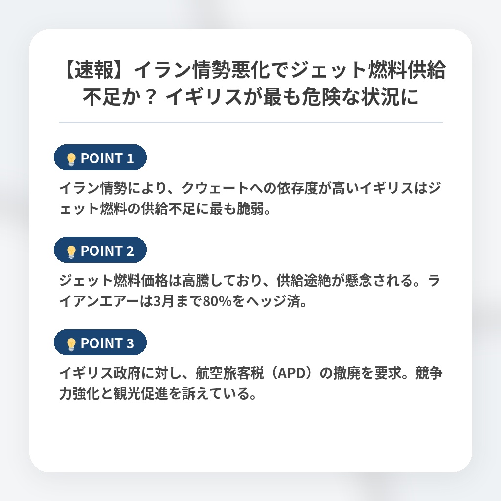 【速報】イラン情勢悪化でジェット燃料供給不足か？ イギリスが最も危険な状況にの注目ポイントまとめ