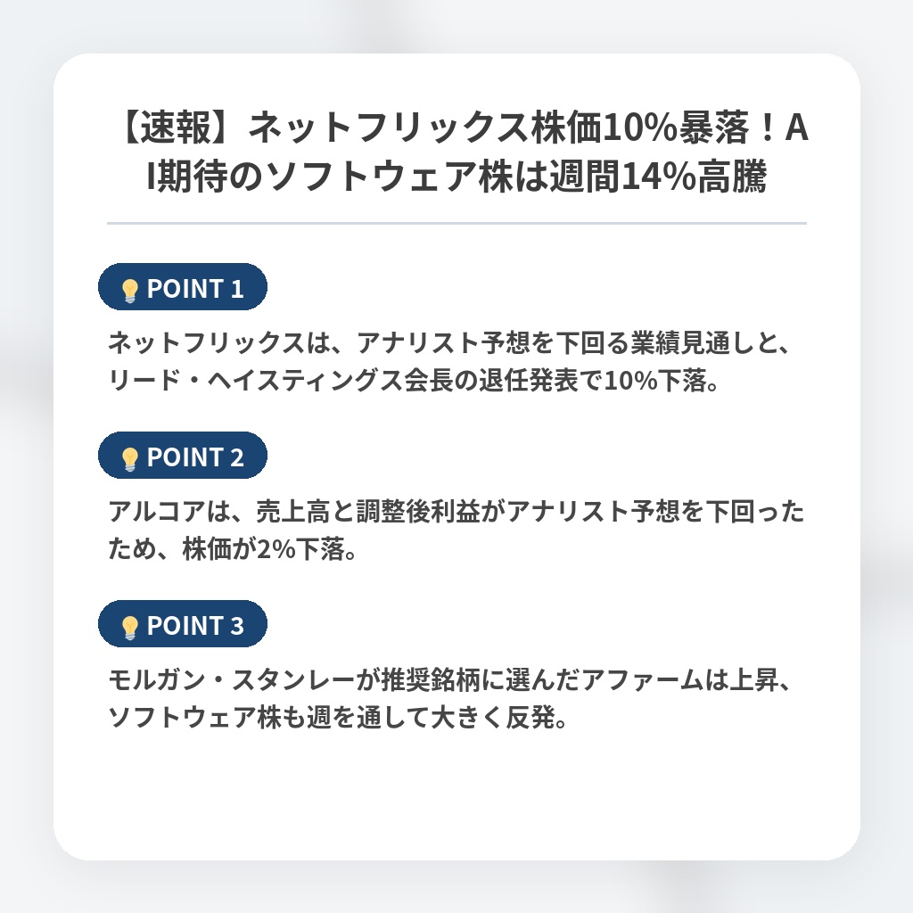 【速報】ネットフリックス株価10%暴落！AI期待のソフトウェア株は週間14%高騰の注目ポイントまとめ