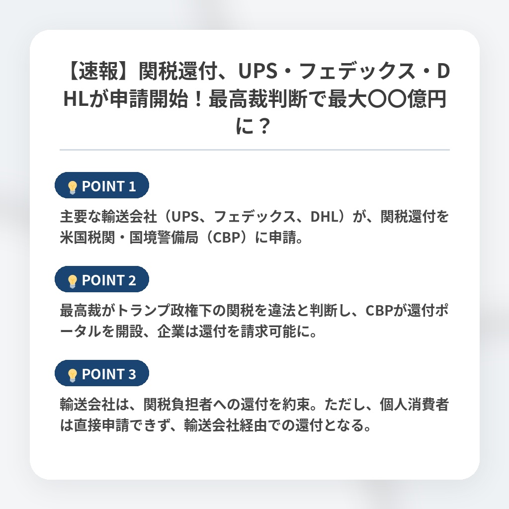 【速報】関税還付、UPS・フェデックス・DHLが申請開始！最高裁判断で最大〇〇億円に？の注目ポイントまとめ