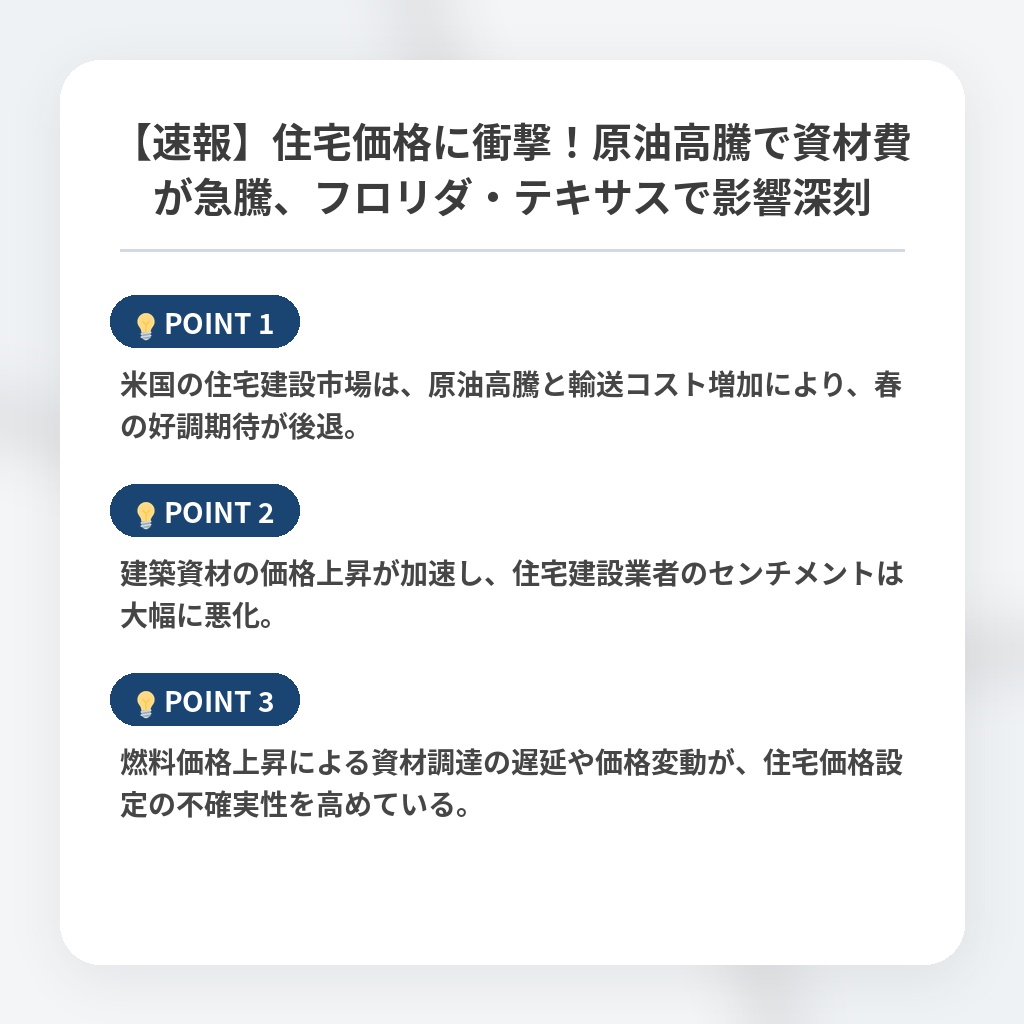 【速報】住宅価格に衝撃！原油高騰で資材費が急騰、フロリダ・テキサスで影響深刻の注目ポイントまとめ