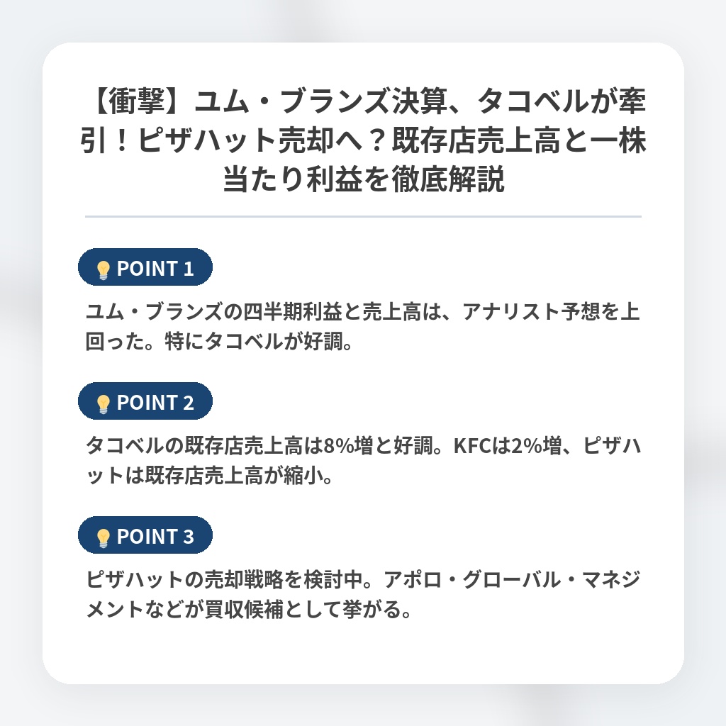 【衝撃】ユム・ブランズ決算、タコベルが牽引！ピザハット売却へ？既存店売上高と一株当たり利益を徹底解説の注目ポイントまとめ