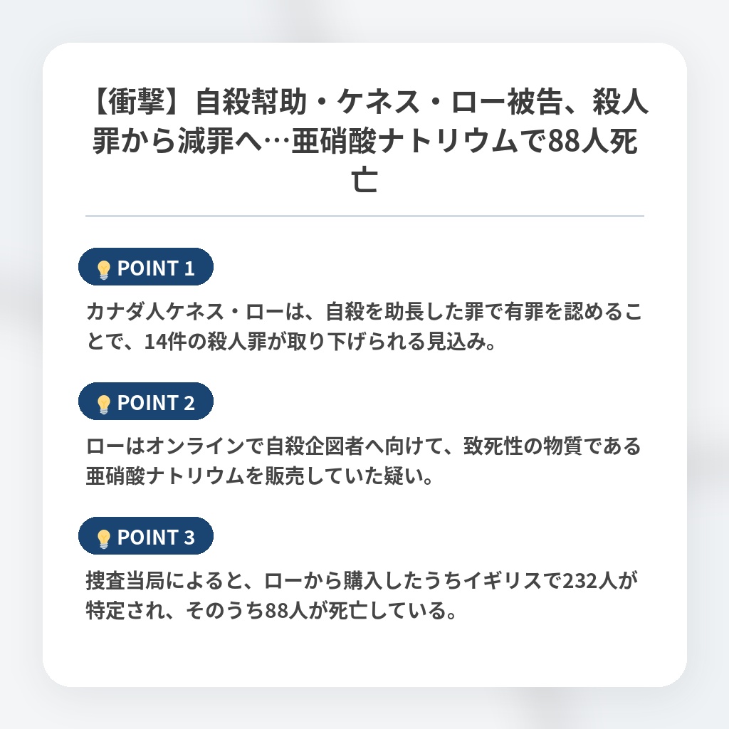 【衝撃】自殺幇助・ケネス・ロー被告、殺人罪から減罪へ…亜硝酸ナトリウムで88人死亡の注目ポイントまとめ
