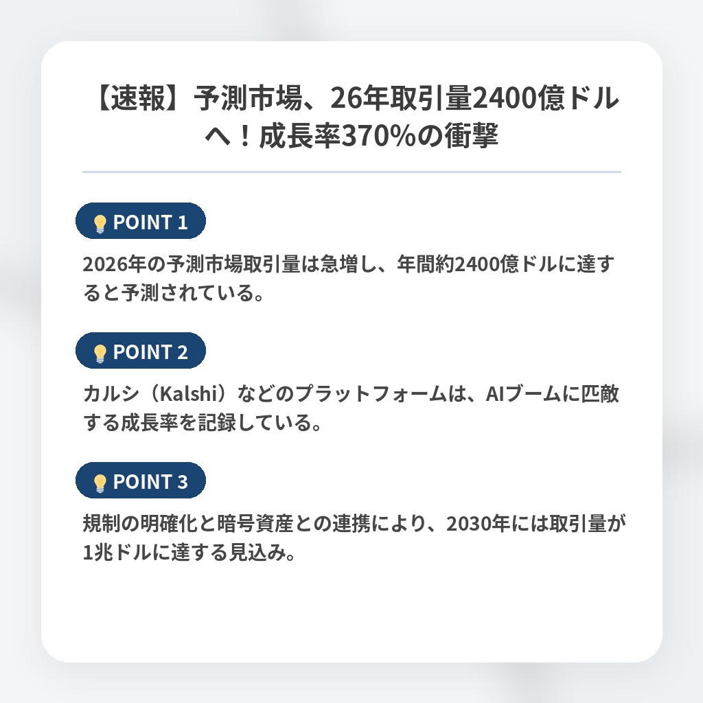 【速報】予測市場、26年取引量2400億ドルへ!成長率370%の衝撃の注目ポイントまとめ