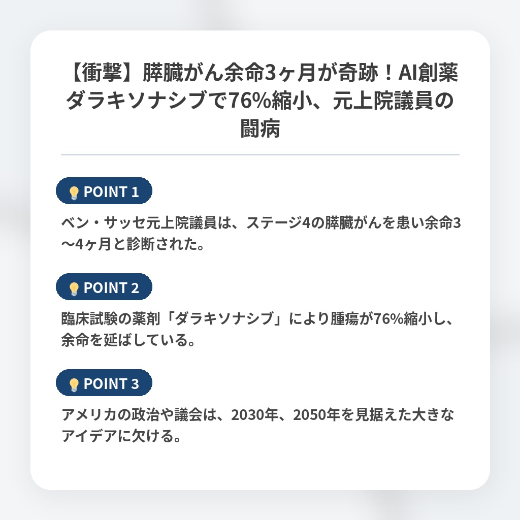 【衝撃】膵臓がん余命3ヶ月が奇跡！AI創薬ダラキソナシブで76%縮小、元上院議員の闘病の注目ポイントまとめ