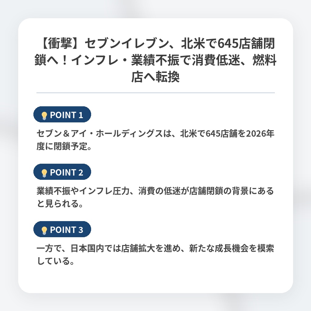 【衝撃】セブンイレブン、北米で645店舗閉鎖へ！インフレ・業績不振で消費低迷、燃料店へ転換の注目ポイントまとめ