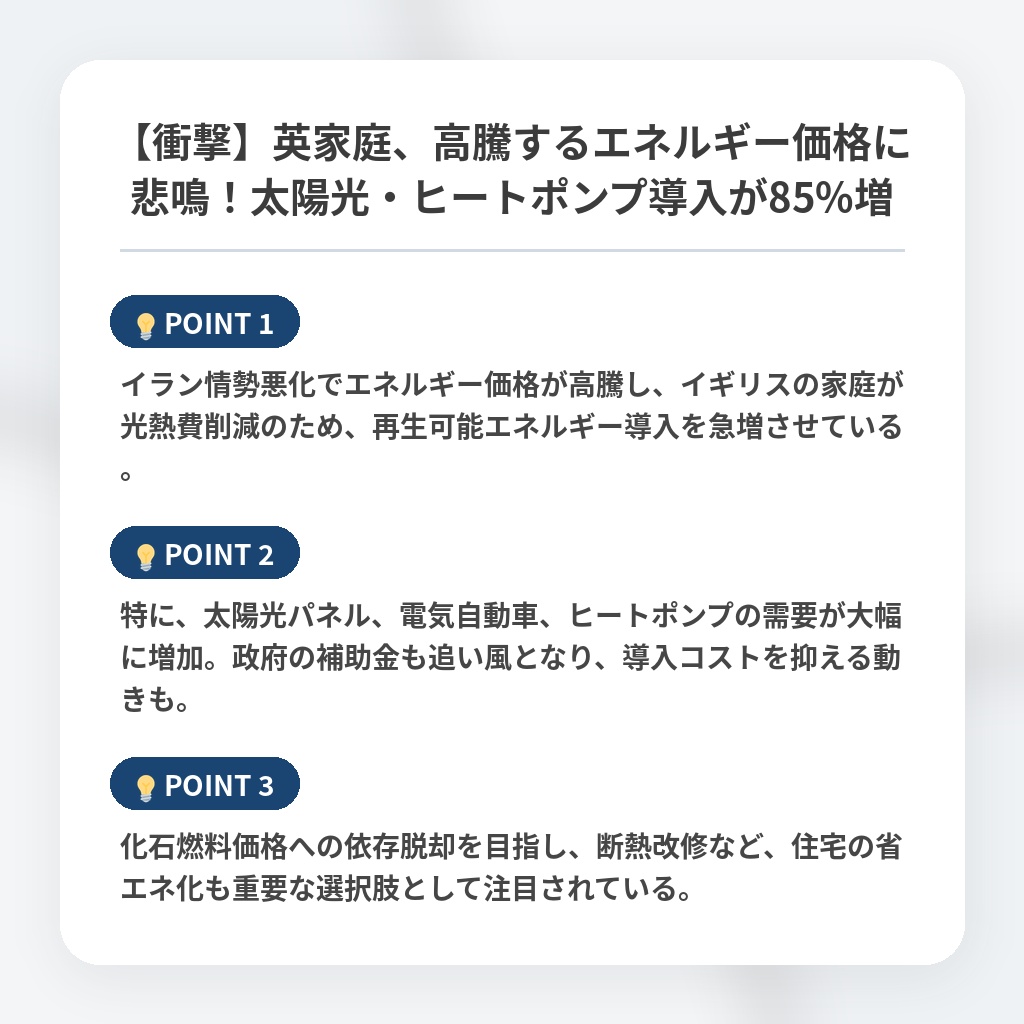 【衝撃】英家庭、高騰するエネルギー価格に悲鳴！太陽光・ヒートポンプ導入が85%増の注目ポイントまとめ