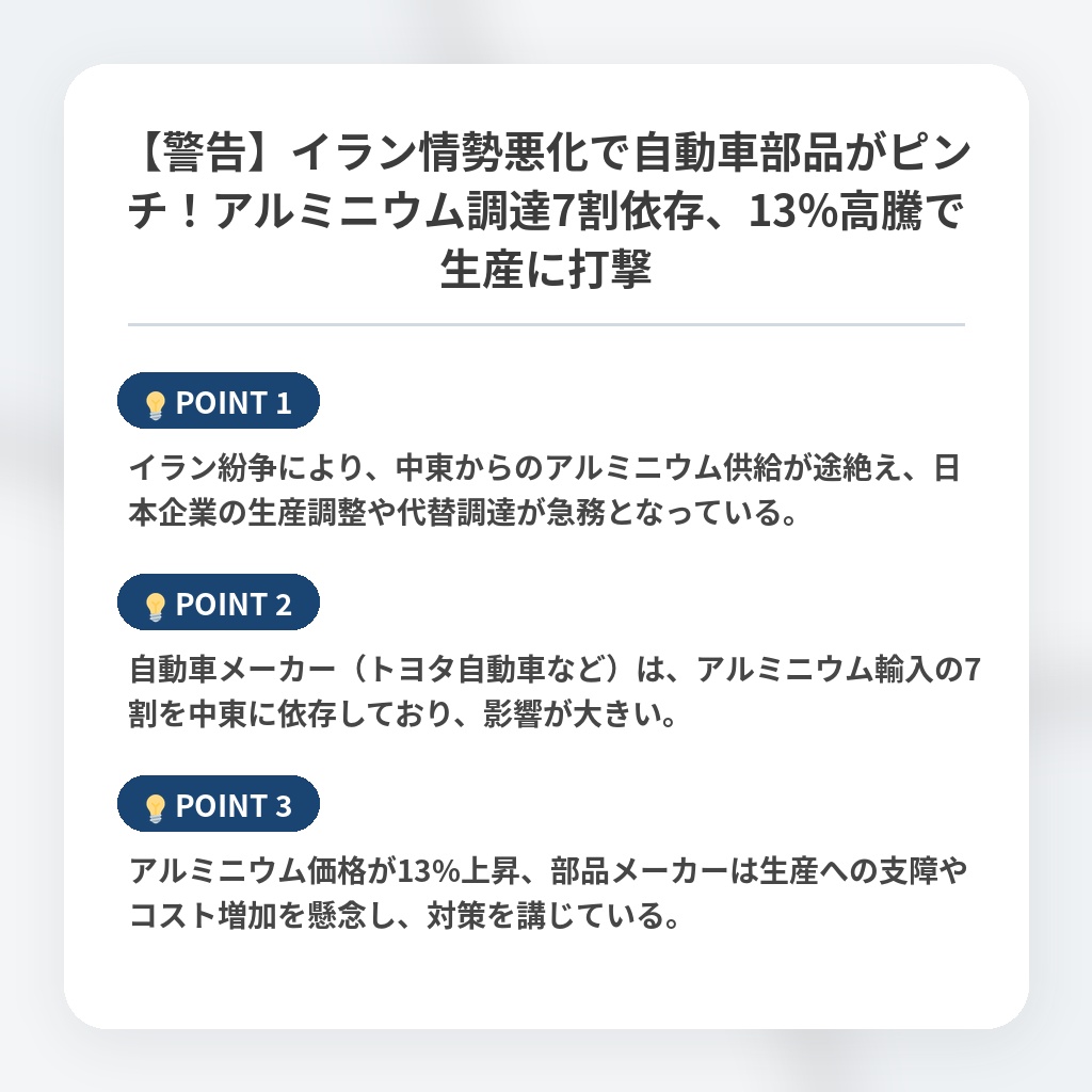 【警告】イラン情勢悪化で自動車部品がピンチ！アルミニウム調達7割依存、13%高騰で生産に打撃の注目ポイントまとめ