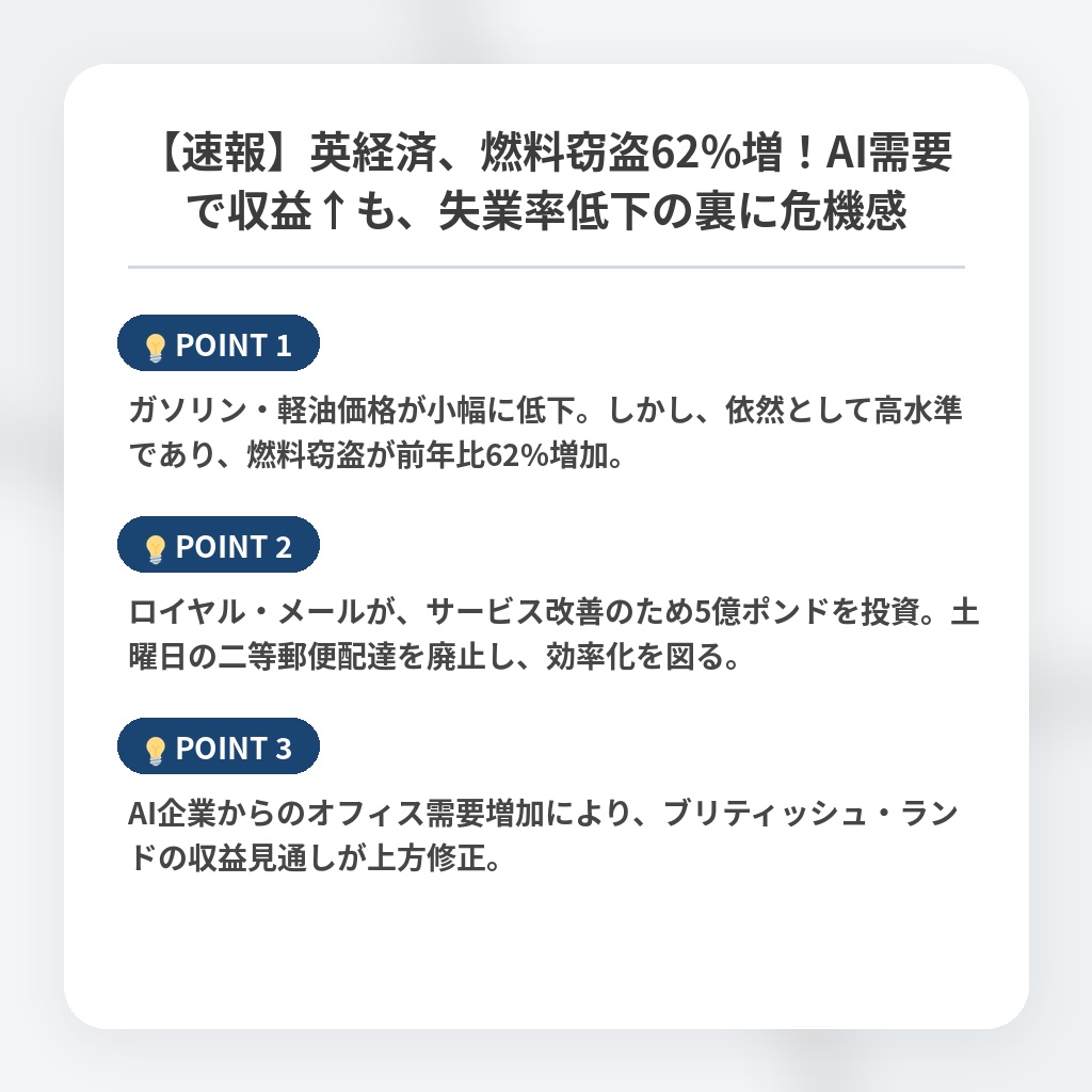 【速報】英経済、燃料窃盗62%増！AI需要で収益↑も、失業率低下の裏に危機感の注目ポイントまとめ