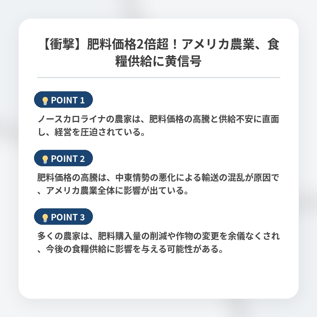 【衝撃】肥料価格2倍超！アメリカ農業、食糧供給に黄信号の注目ポイントまとめ